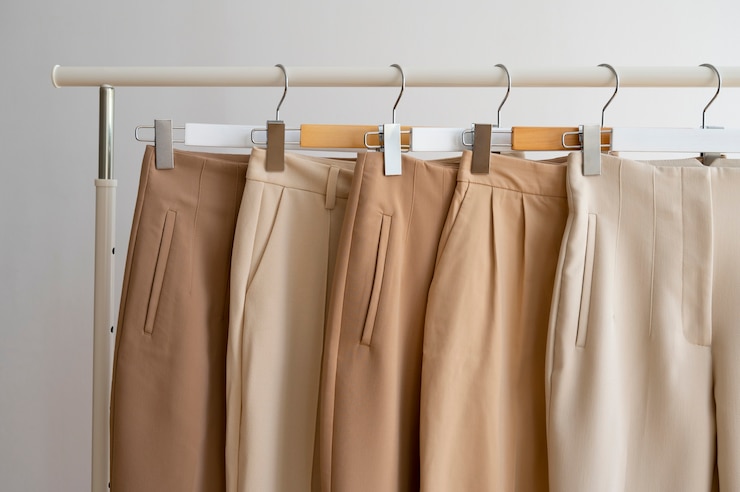 Photo gratuit pantalon beige marron clair sur cintres
