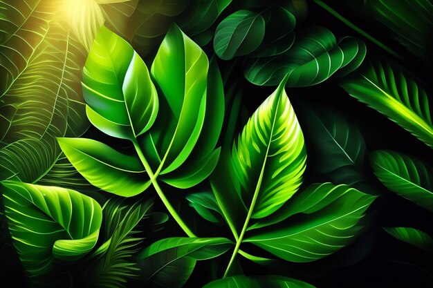 Un papier peint de feuilles tropicales qui est vert et a un fond noir.