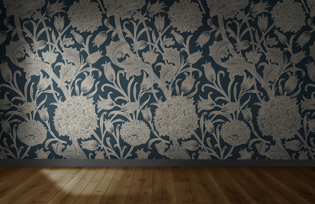 Papier peint floral dans une pièce vide avec plancher en bois