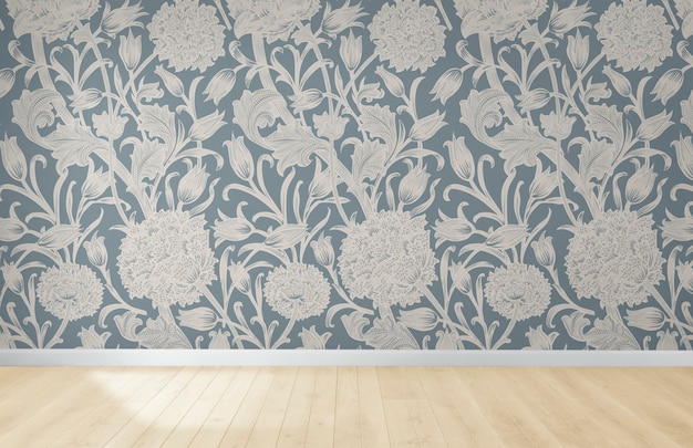 Papier peint floral dans une pièce vide avec plancher en bois