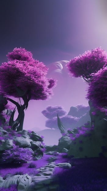 Papier peint paysage magique et mystique dans les tons violets