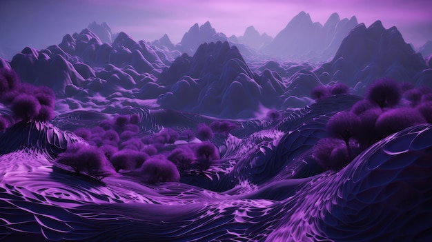 Papier peint paysage magique et mystique dans les tons violets