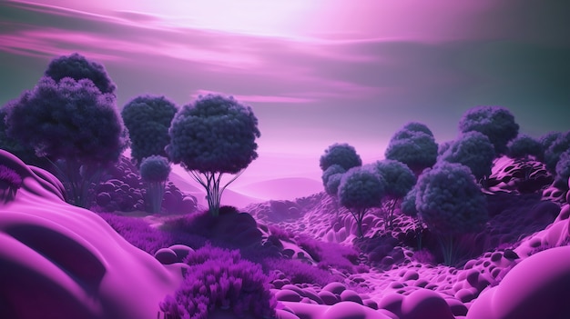 Papier peint paysage onirique et surréaliste dans les tons violets
