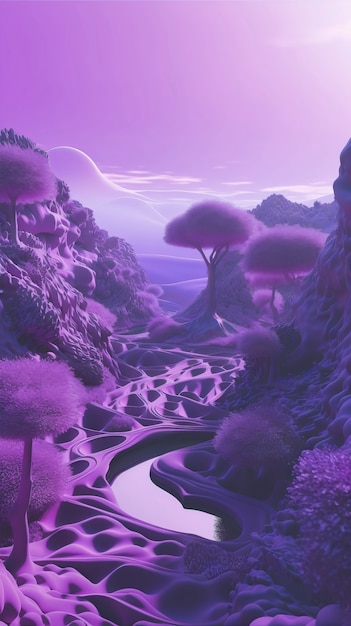 Papier peint paysage surréaliste et onirique dans les tons violets