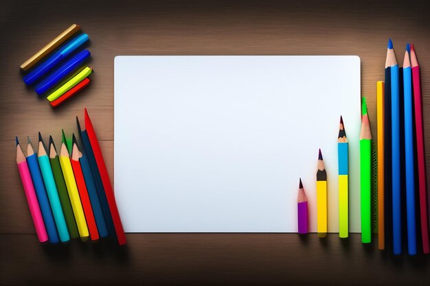 Un papier vierge avec des crayons de couleur dessus est sur une table en bois