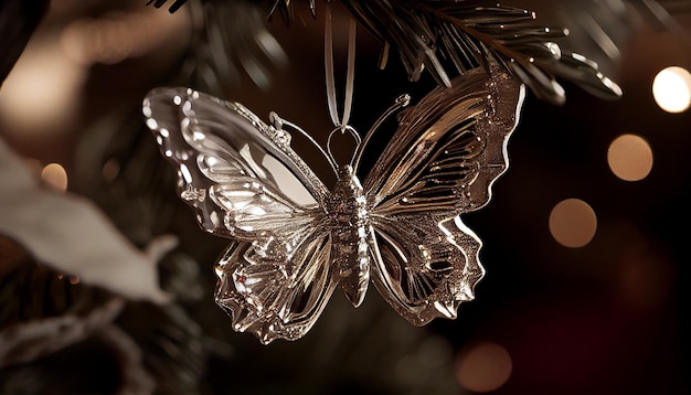 Photo gratuite papillon métallique suspendu à un décor de noël scintillant généré par l'ia