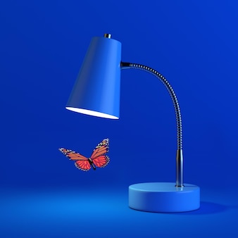 Papillon mignon sous une lampe de bureau moderne bleue sur fond bleu. rendu 3d