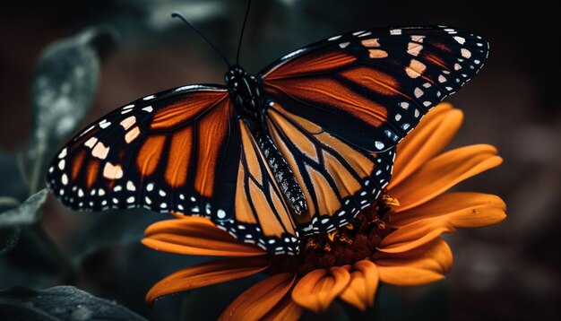 Papillon monarque vibrant sur un pétale de fleur jaune généré par l'IA