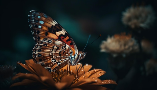 Papillon multicolore sur fleur jaune en été généré par l'IA