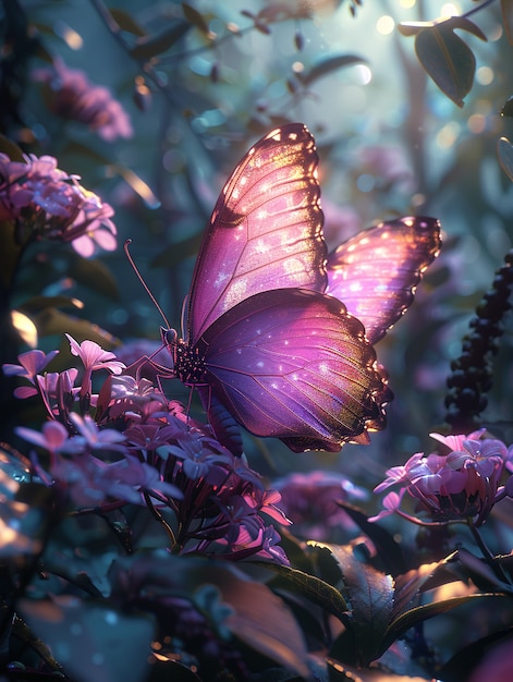 Photo gratuite un papillon violet lumineux en 3d
