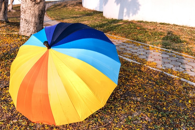 Parasol coloré sur fond de jardin