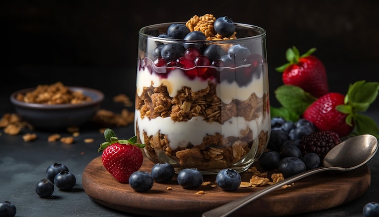 Photo gratuit parfait aux baies fraîches avec granola et yaourt généré par l'ia