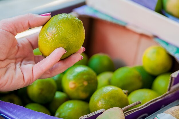 Partie intermédiaire de la femme qui achète du citron vert au supermarché. Femme achetant des fruits dans un marché vert organique. Femme choisissant de la citron vert