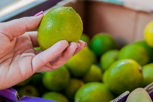 Partie intermédiaire de la femme qui achète du citron vert au supermarché. Femme achetant des fruits dans un marché vert organique. Femme choisissant de la citron vert
