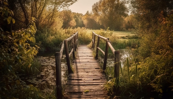 Photo gratuit passerelle tranquille au-dessus de l'eau bleue dans la forêt d'automne générée par l'ia