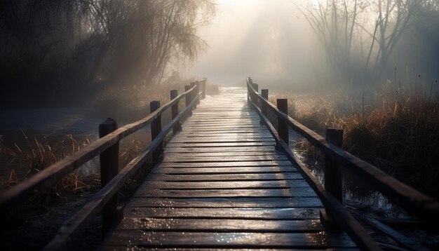 Passerelle tranquille dans la planche humide de la forêt d'automne générée par l'IA