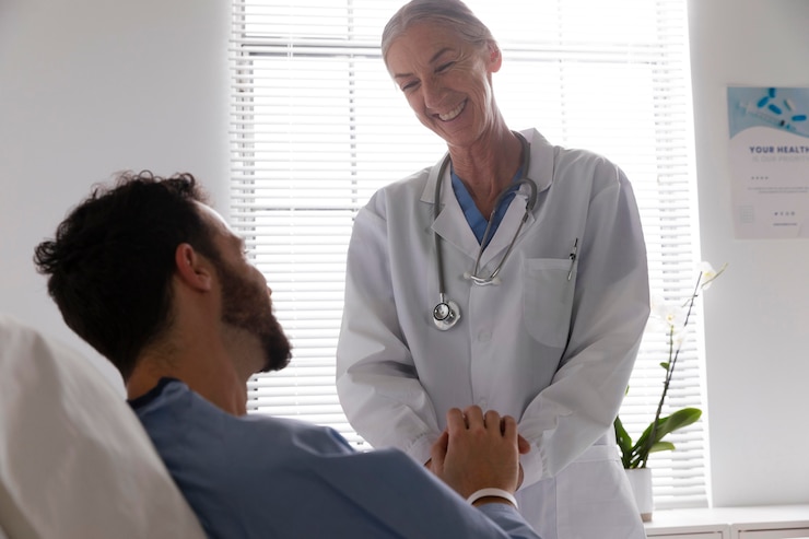 Photo gratuit patient de sexe masculin au lit, parler à une infirmière