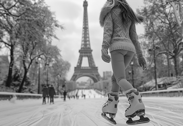 Photo gratuite patinage sur glace en noir et blanc