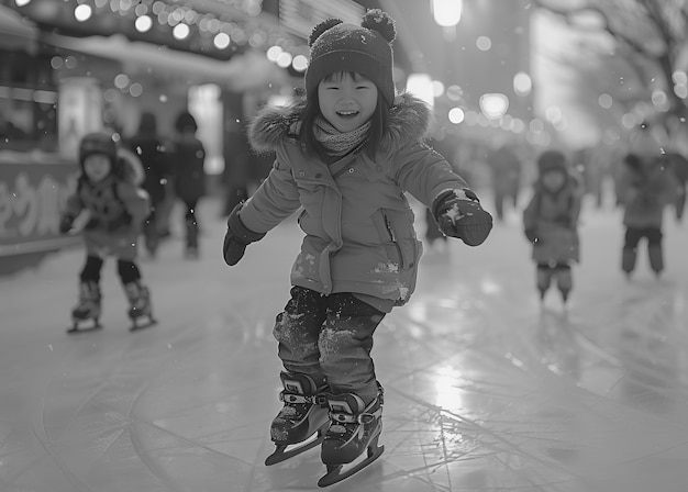 Photo gratuite patinage sur glace en noir et blanc