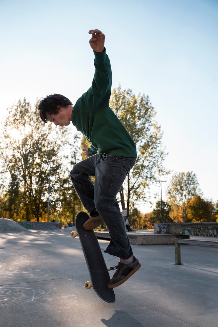 Photo gratuit patineur adolescent rebelle plein coup à l'extérieur