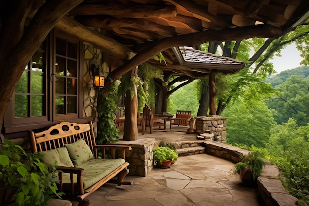 Patio rural avec mobilier et végétation