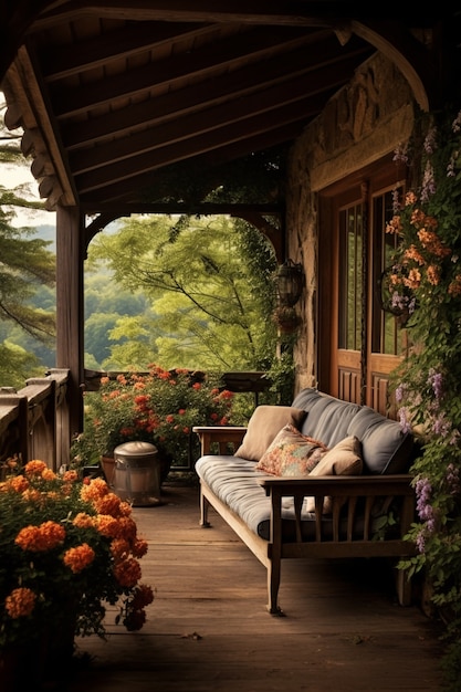 Patio rural avec mobilier et végétation