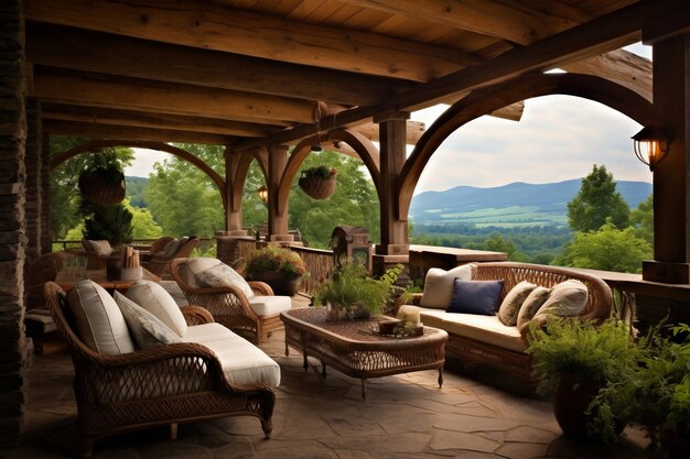 Patio rural avec mobilier et végétation