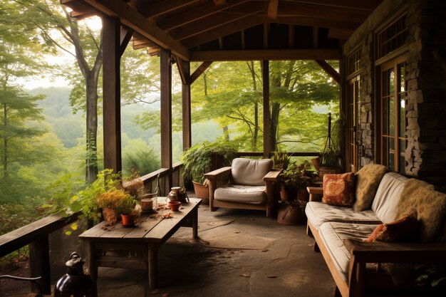 Patio rural avec mobilier et végétation