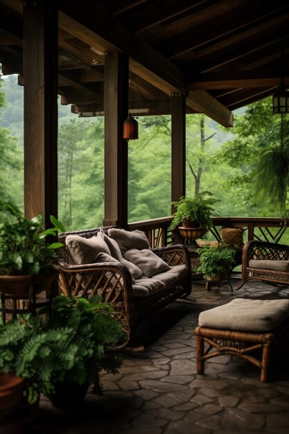 Patio rural avec mobilier et végétation