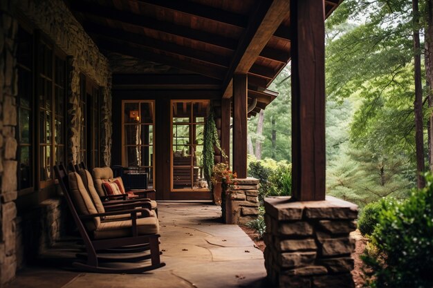 Patio rural avec mobilier et végétation