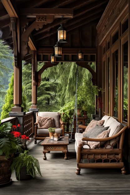 Patio rural avec mobilier et végétation