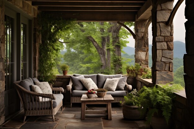 Patio rural avec mobilier et végétation