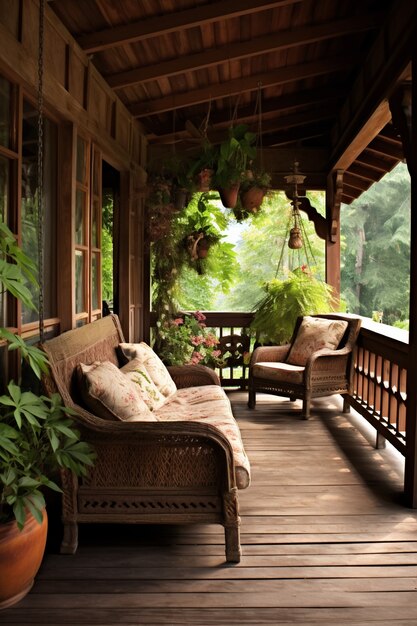 Patio rural avec mobilier et végétation