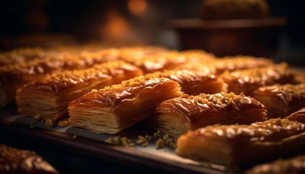 Pâtisserie au miel baklava farcie aux noix décadente générée par l'IA