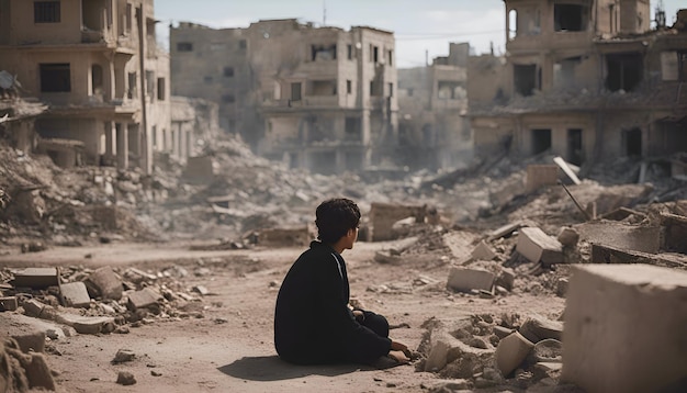 Photo gratuite pauvre homme assis sur le sol au milieu d'une ville en ruines.