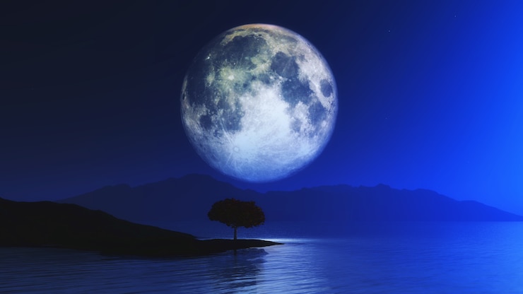 Photo gratuit paysage 3d avec un arbre contre le ciel au clair de lune