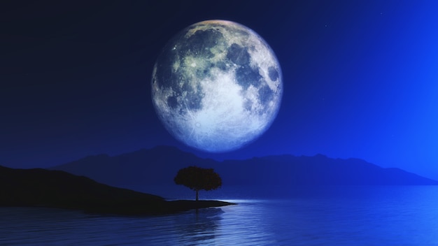 Paysage 3D avec arbre contre ciel au clair de lune
