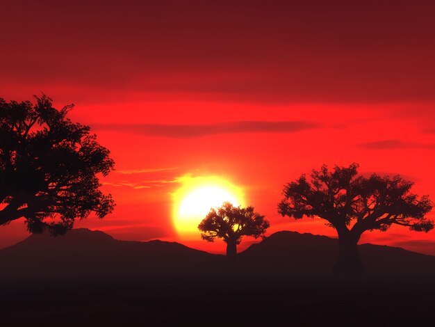 Paysage 3D avec des arbres contre un ciel coucher de soleil