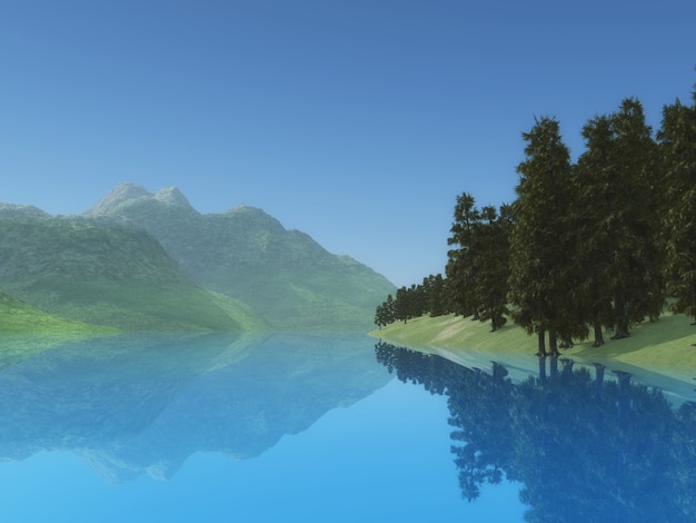 Photo gratuite paysage 3d avec des arbres et des montagnes au bord du lac