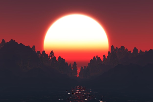 Paysage 3D avec des arbres se découpant sur un ciel au coucher du soleil