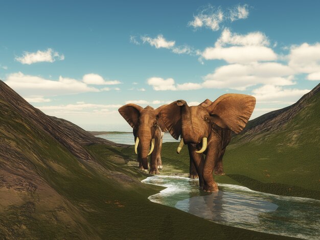 Paysage 3D avec des éléphants marchant