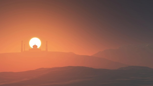 Paysage 3D avec mosquée contre un ciel coucher de soleil