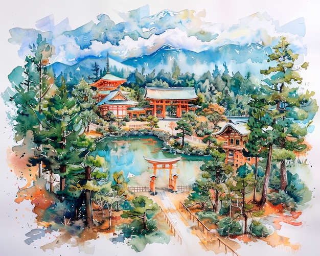 Photo gratuite paysage à l'aquarelle du japon avec des éléments traditionnels