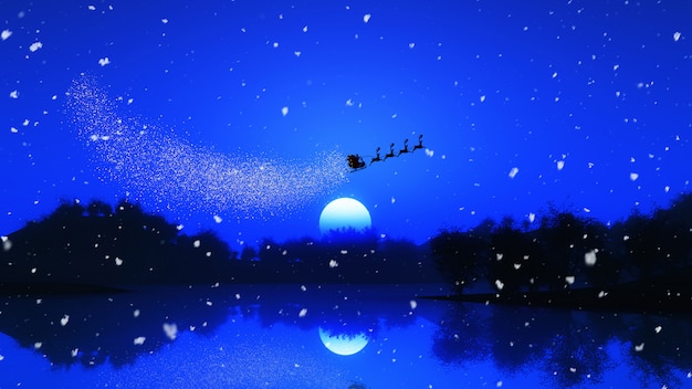 Photo gratuite paysage d'arbre en 3d sur un ciel nocturne avec le père noël et ses rennes