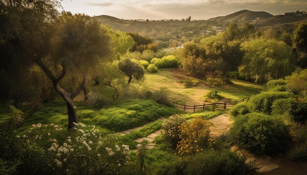 Un paysage avec un arbre et des montagnes en arrière-plan