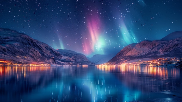 Le paysage de l'aurore boréale au-dessus de la mer