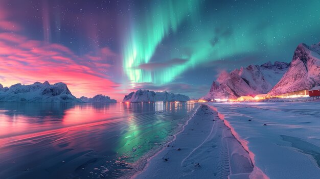 Le paysage de l'aurore boréale au-dessus de la mer