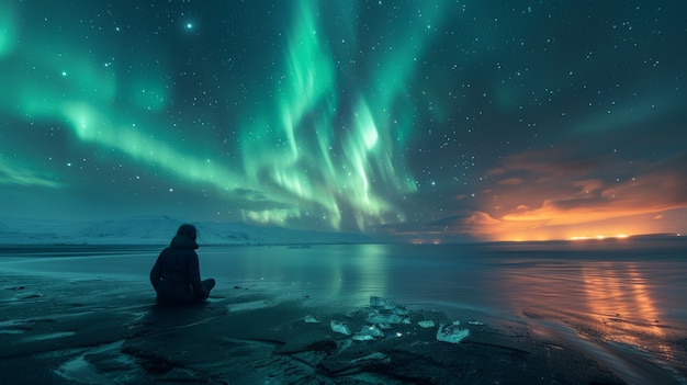 Photo gratuite le paysage de l'aurore boréale au-dessus de la mer