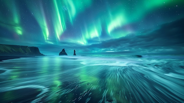 Le paysage de l'aurore boréale au-dessus de la mer