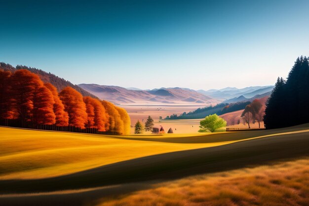 Un paysage coloré avec une petite maison au loin.